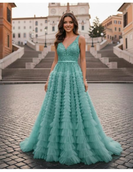 Abito da Cerimonia principesco con gonna a balze in tulle e corpetto in pizzo verde