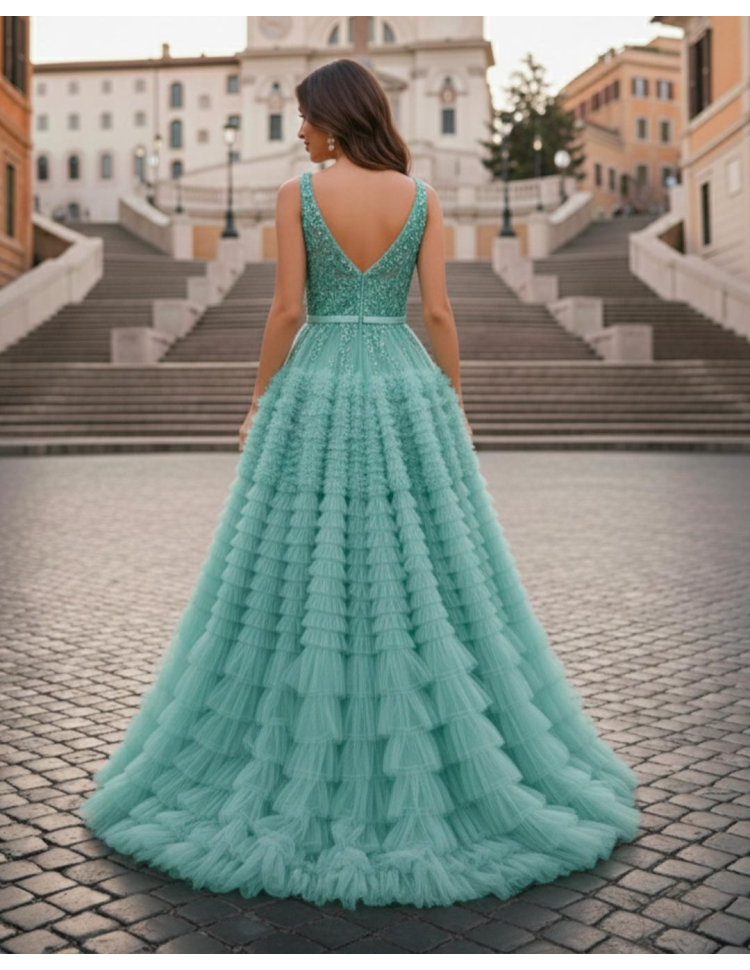 Retro Abito da Cerimonia principesco con gonna a balze in tulle e corpetto in pizzo verde