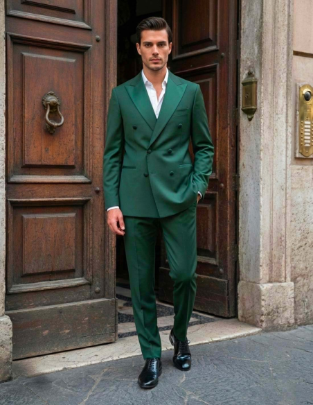 Abito da Cerimonia Uomo Verde Inglese Doppio Petto Rasato