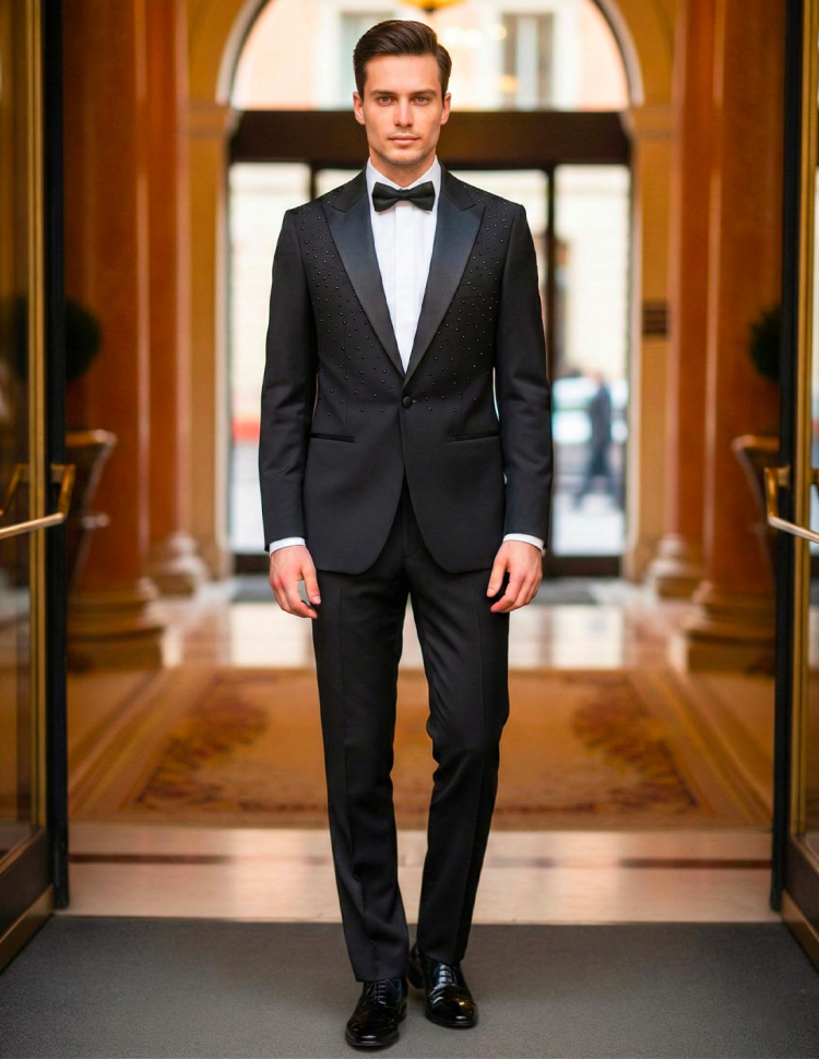 Completo uomo nero classico con strass neri sulla giacca