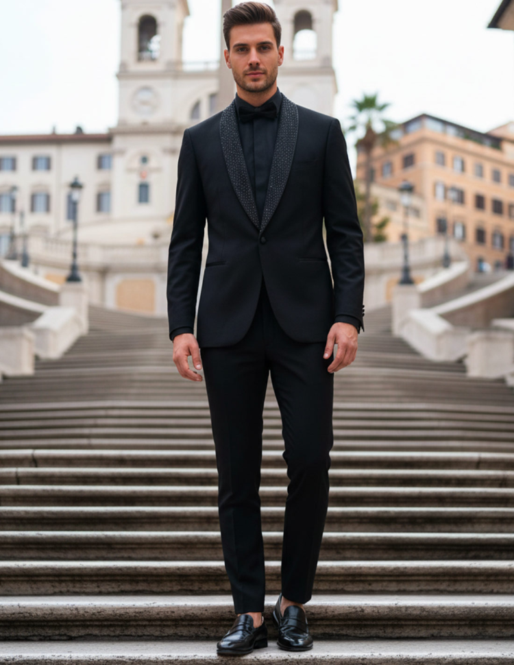Abito da Cerimonia Uomo Nero con Collo Sciallato con Strass neri Abito da Cerimonia Uomo Nero con Collo Sciallato con Strass neri