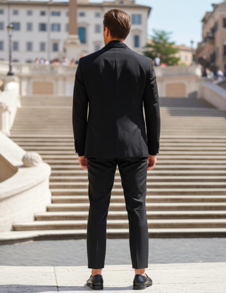 Retro Abito da Cerimonia Uomo Nero con Collo Sciallato con Strass neri