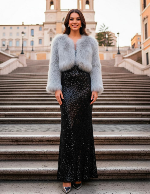 Pelliccia Ecologica Argento Giacca Corta Donna