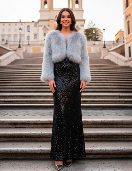 Pelliccia Ecologica Argento Giacca Corta Donna