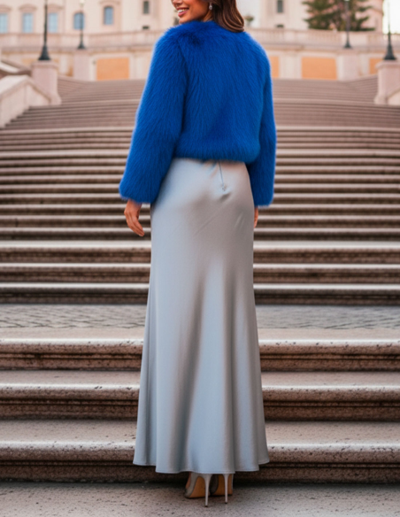 Retro Pelliccia Ecologica Blu elettrico Accollata Corta da cerimonia