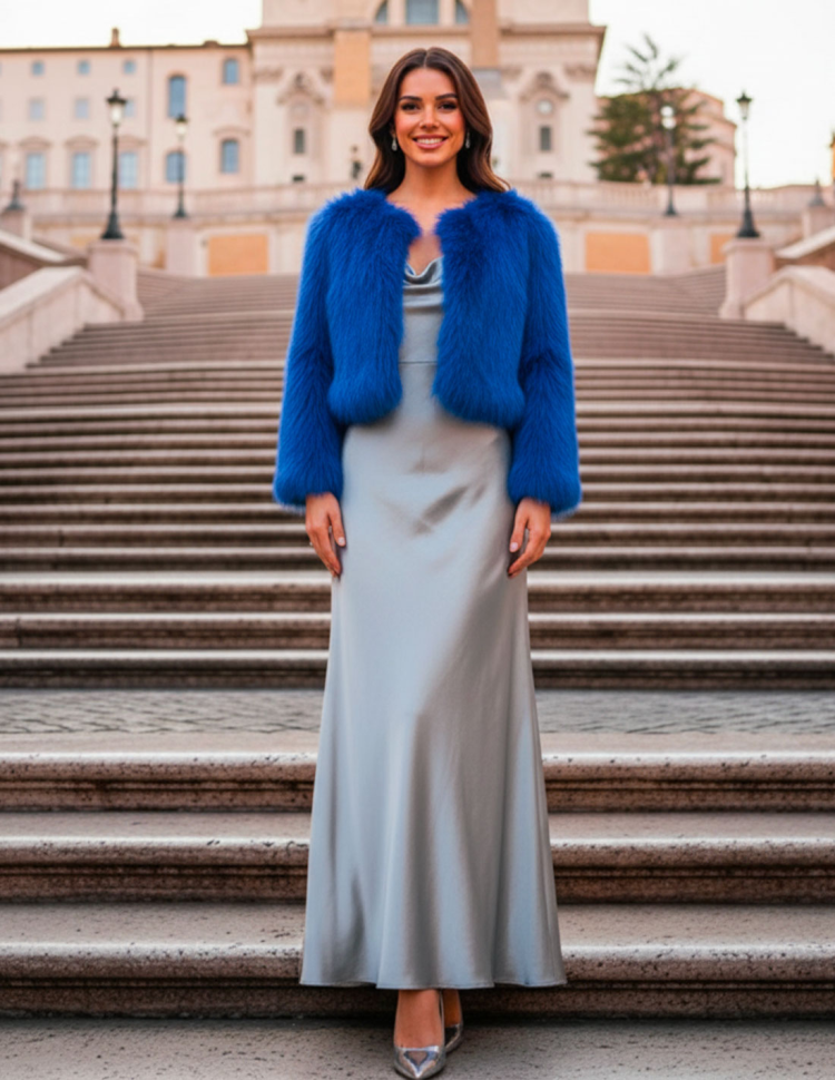 Pelliccia Ecologica Blu elettrico Accollata Corta da cerimonia Pelliccia Ecologica Blu elettrico Accollata Corta da cerimonia