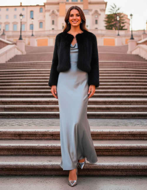 Pelliccia Ecologica Nera Accollata Corta da cerimonia