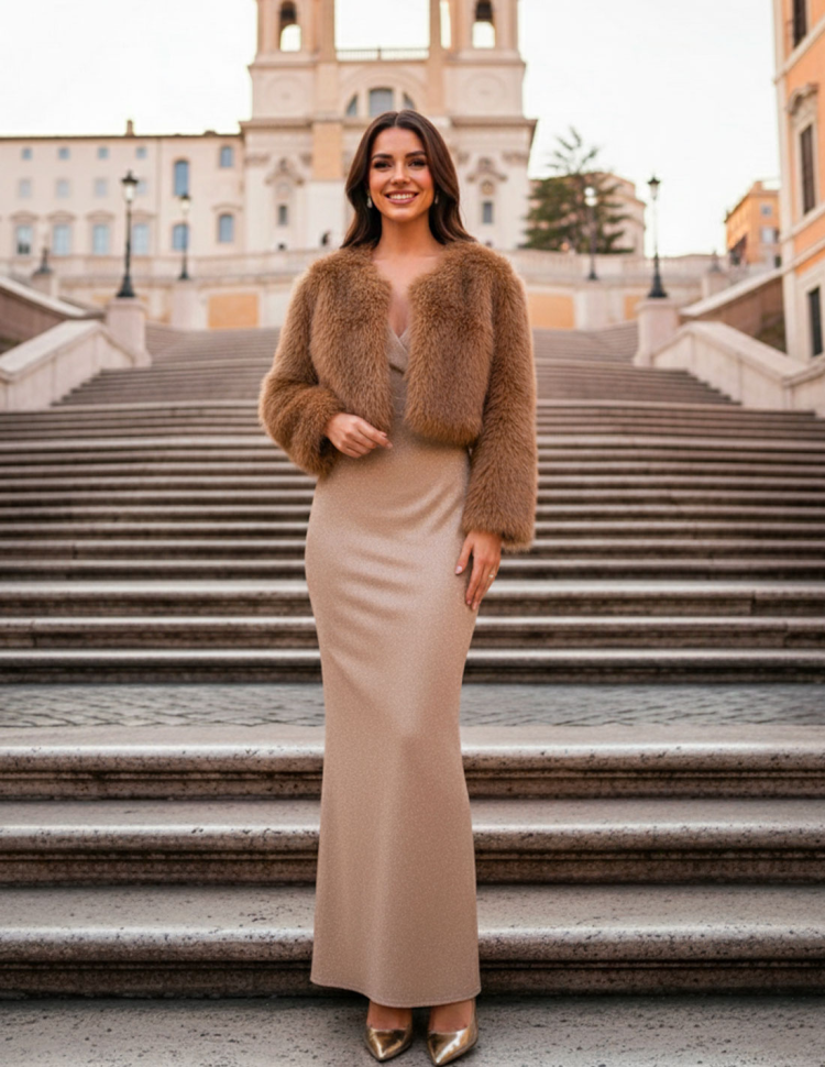 Pelliccia ecologica Corta da cerimonia Cammello Pelliccia ecologica Corta da cerimonia Cammello