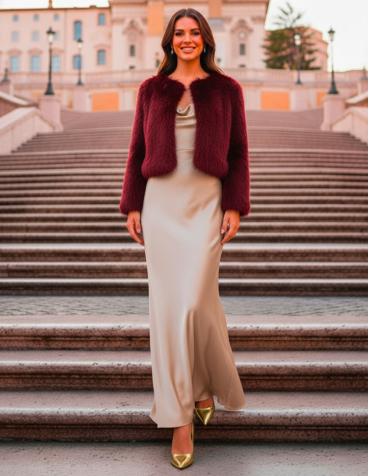 Pelliccia ecologica Corta da cerimonia Rosso scuro Pelliccia ecologica Corta da cerimonia Rosso scuro