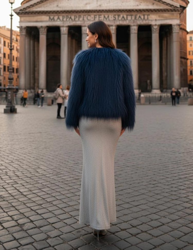 Retro Cappotto Elegance in Eco pelliccia Blu scuro Retro Cappotto Elegance in Eco pelliccia Blu scuro