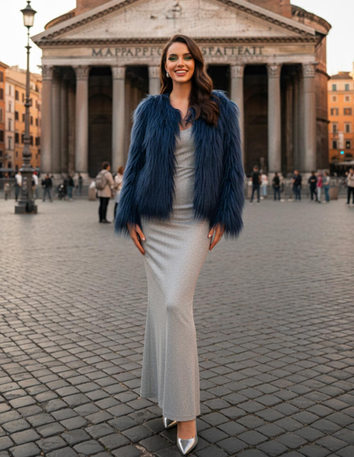 Cappotto Elegance in Eco pelliccia Blu scuro